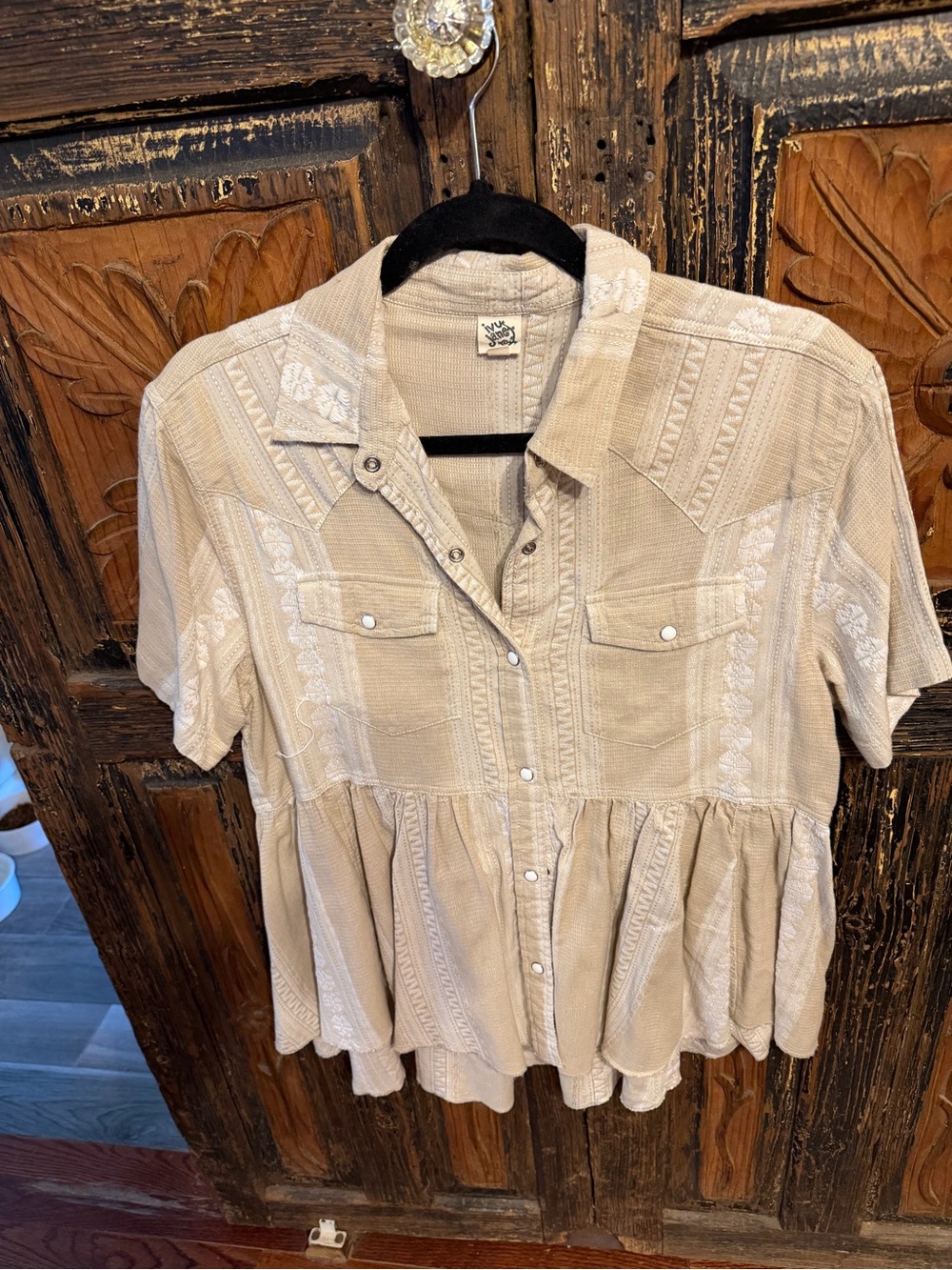 Boho Peplum Button-Front Top in Beige by Ivy Jane